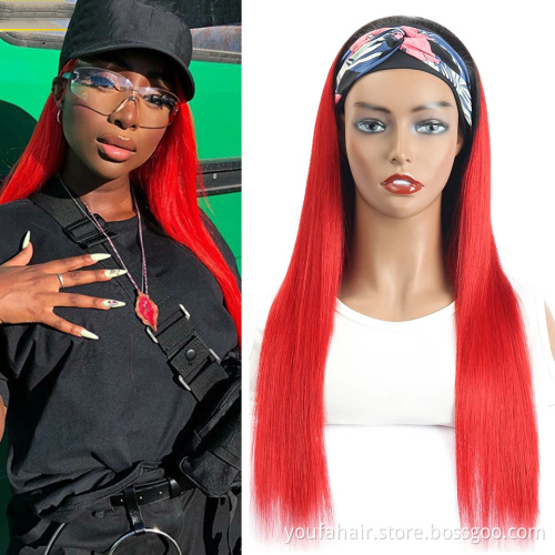 Brazilian Human Hair Headband Wigs Ombre Red Colored Human Hair Straight Wigs for Black Women Remy Hair No Lace Machine Made Wig